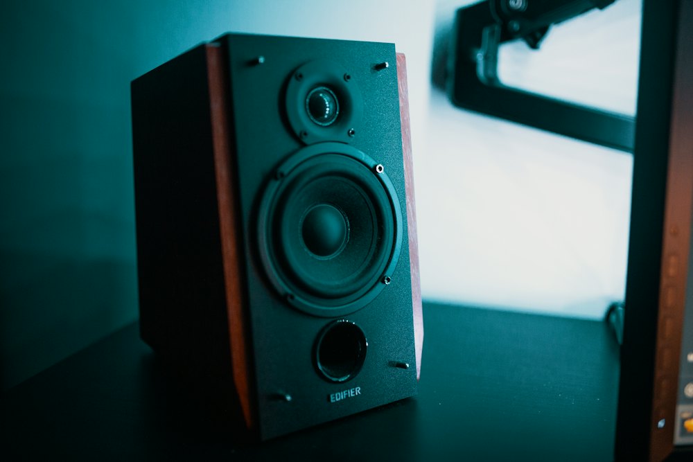 A bookshelf speaker in a moody interior