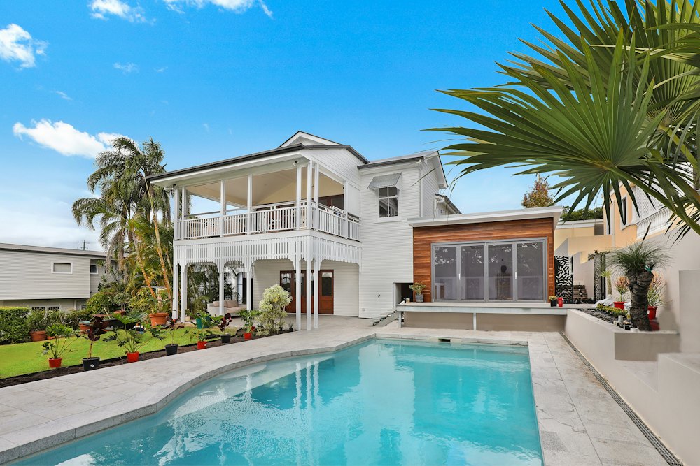 A modern home with a pool in late afternoon