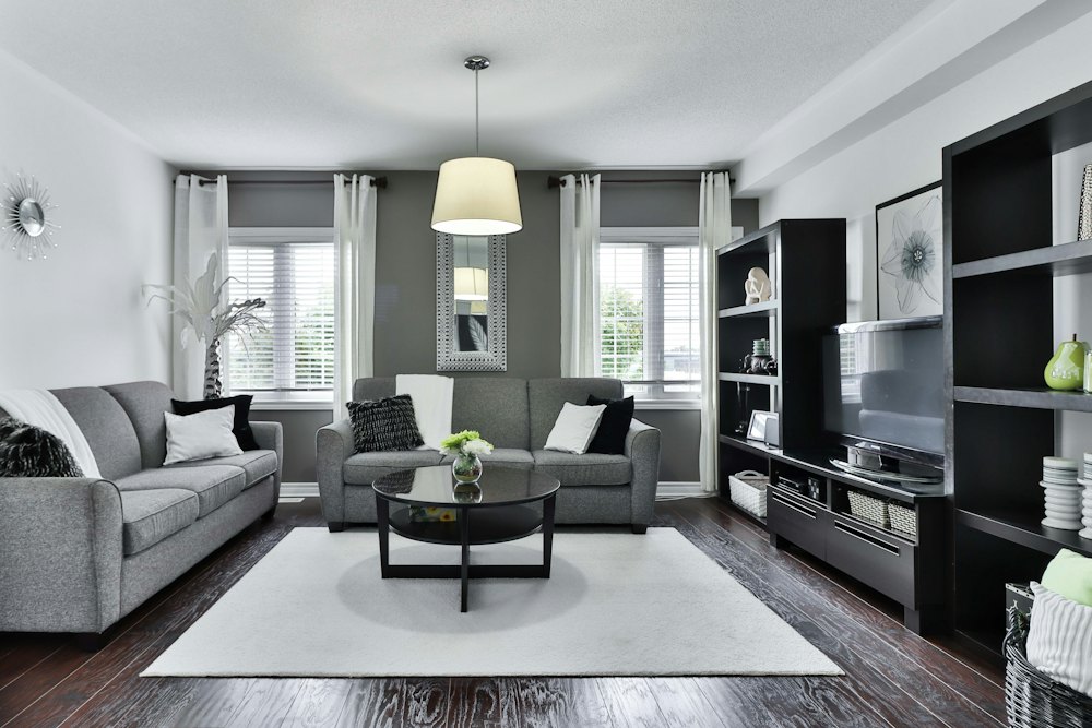 A living room arranged for an evening in